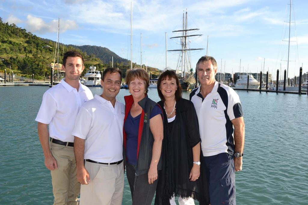 Abell Point Marina Marketing & Business Development Manager Luke McCaul and General Manager Richard Barrett with Whitsunday Sailing Club Manager Angela Rae, Airlie Beach Race Week sponsorship ambassador Corrie Gardner and Airlie Beach Race Week Chairman and club commodore Rob Davis onsite at Abell Point Marina. © Whitsunday Sailing Club